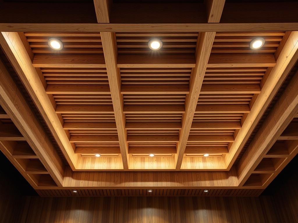 cubic slatted ceiling with light fixturesфото